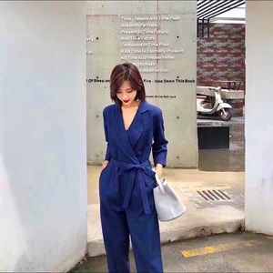 Navy Blue Long Sleeve Romper Jumpsuit with belt